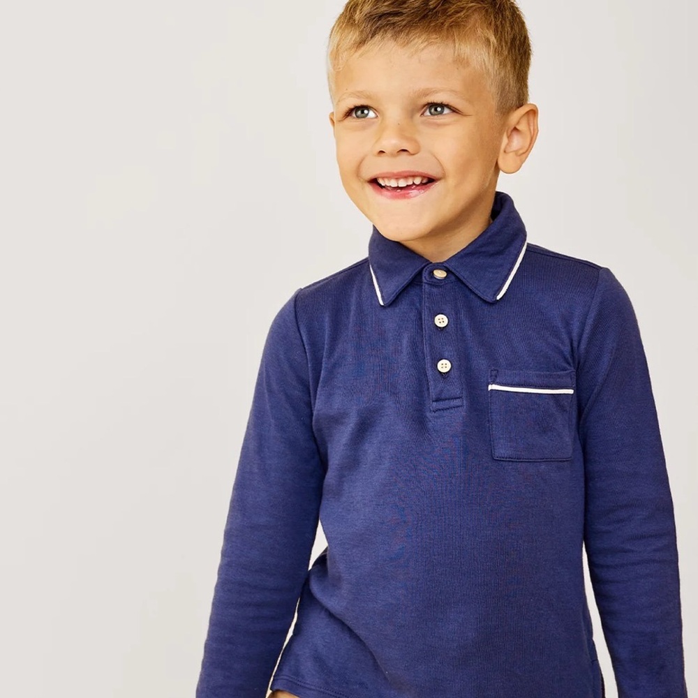 Boy's Navy Long-Sleeve Polo with White Piping